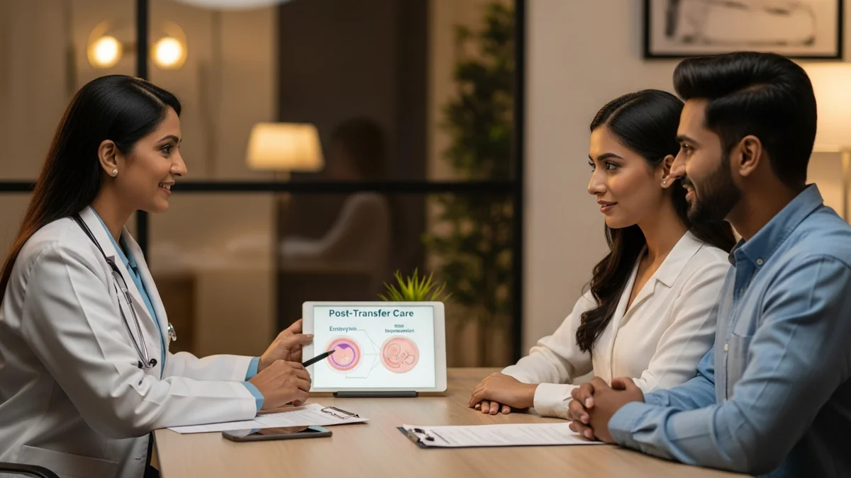 Couple consulting with a female fertility specialist about what to do after embryo transfer
