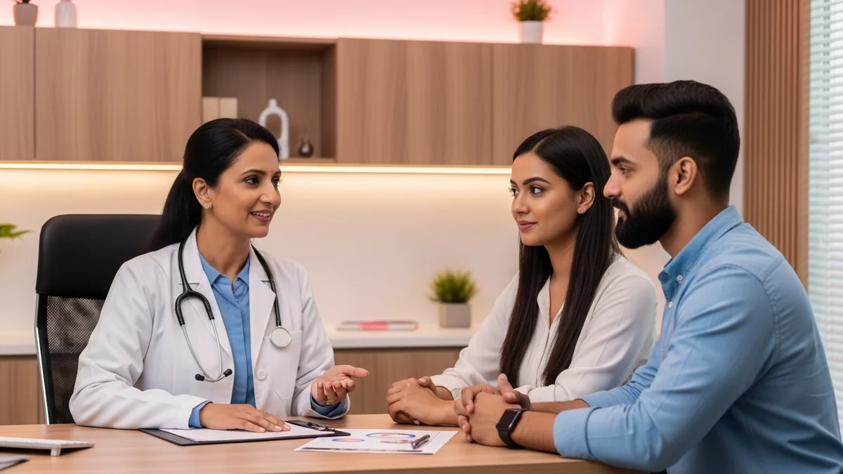 Couple consulting with a female fertility specialist about age-related fertility decline: causes, tests & treatment options