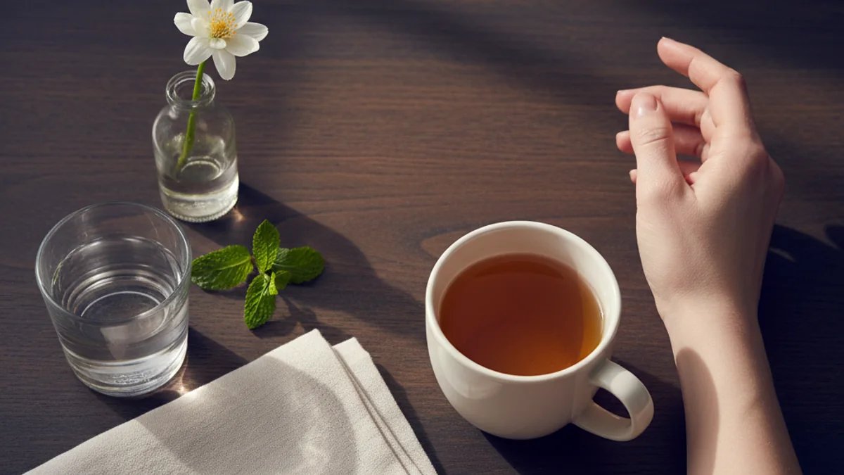 A woman's hand resting gently on a plain cream linen napkin on a warm wooden table beside a small clear glass of water, a single pink peony in a vase, and a small sprig of fresh mint — a quiet editorial still life of reassurance about male health concerns.