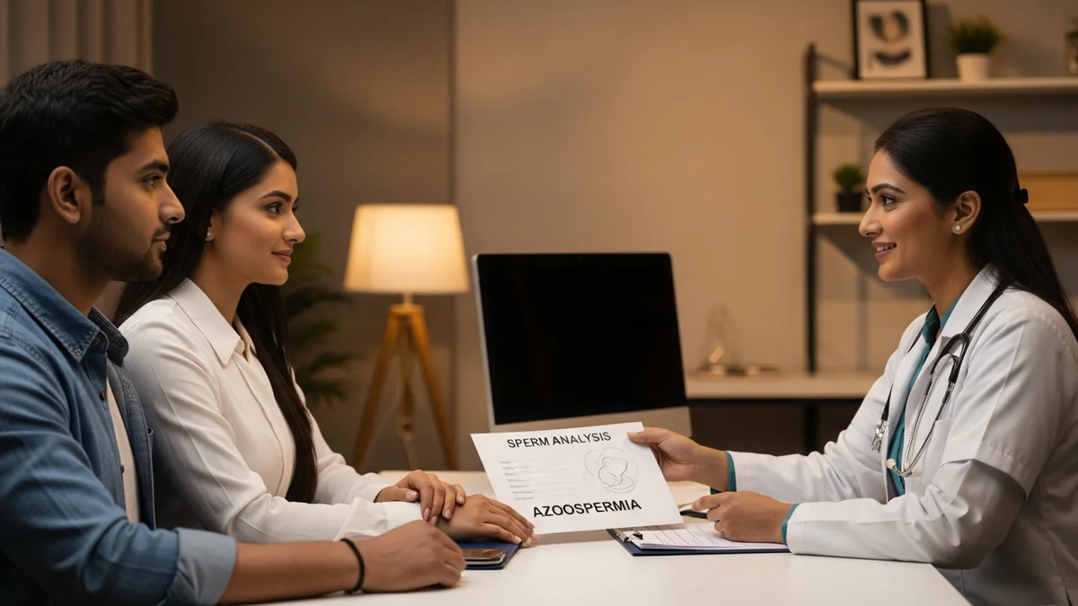Couple consulting with a female fertility specialist about azoospermia: causes, diagnosis & treatment