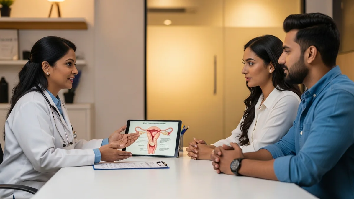 Couple consulting with a female fertility specialist about white discharge: period vs pregnancy