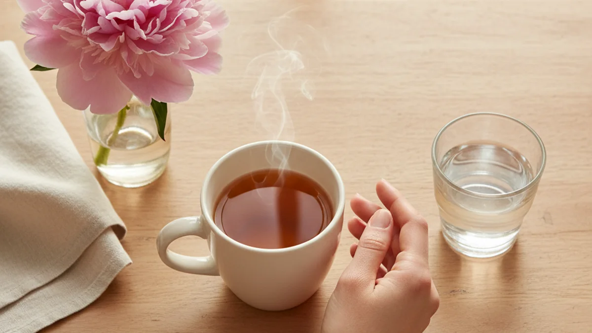 A woman's hand resting relaxed on a warm wooden table beside a plain unlabelled cream ceramic mug of warm herbal tea, a folded cream linen napkin, a small clear glass of water, and a single fresh pink peony in a small vase — a calm editorial still life of reassurance about women's health.