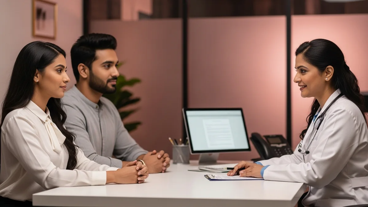 Couple consulting with a female fertility specialist about ectopic pregnancy: symptoms & treatment