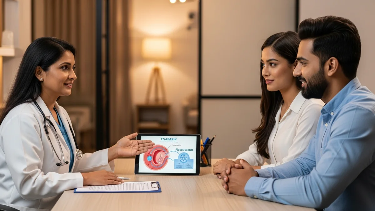 Couple consulting with a female fertility specialist about evaparin injection uses in ivf