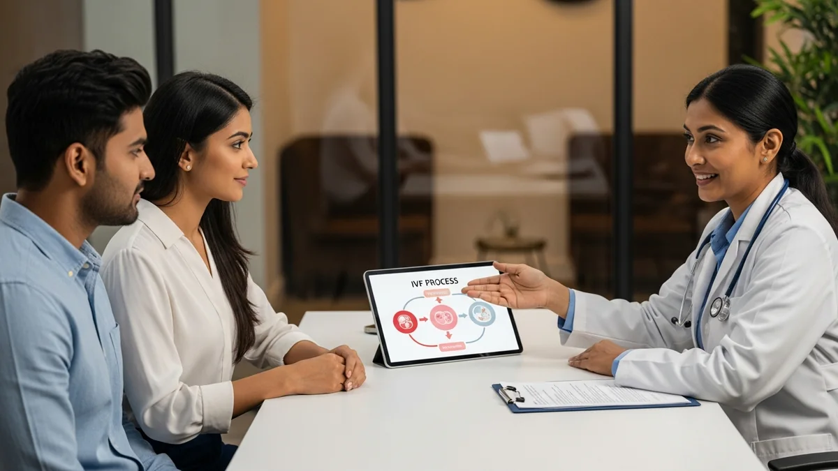 Couple consulting with a female fertility specialist about fertility treatment cost in chennai