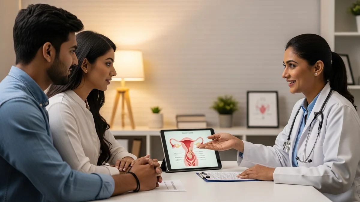 Couple consulting with a female fertility specialist about fertility treatment options: from trying naturally to iui & ivf — complete guide