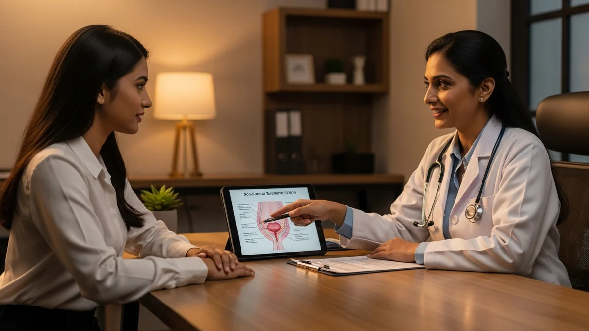 Doctor discussing fibroid treatment without surgery with a young woman