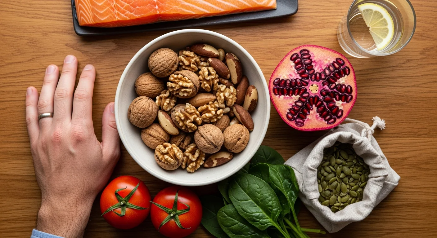 A top-down editorial food photograph related to: foods to improve sperm quality & health