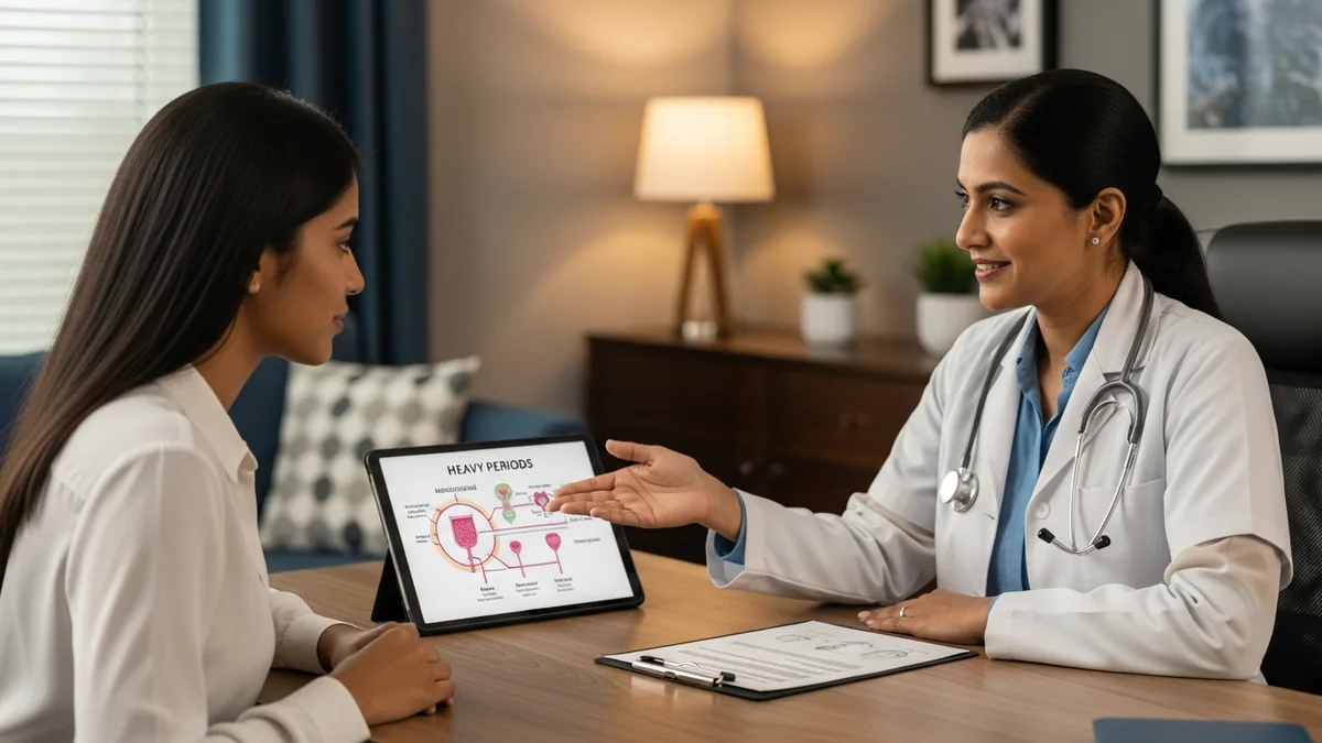 Doctor discussing heavy periods: causes & solutions with a young woman