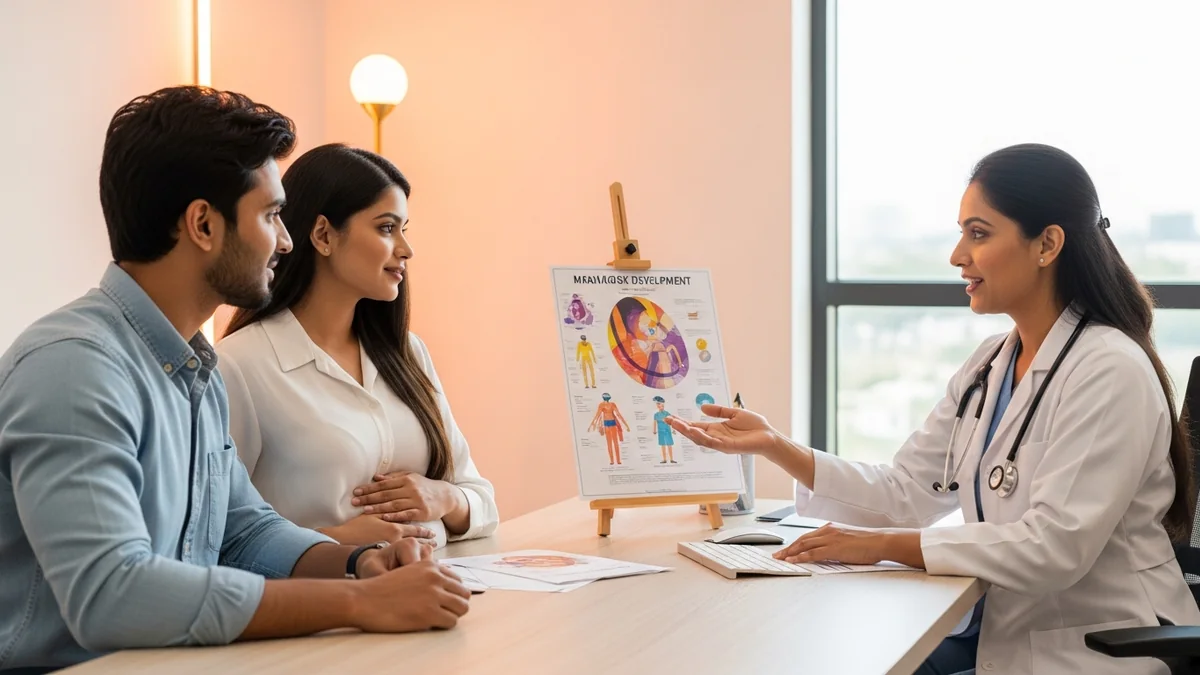 Couple consulting with a female fertility specialist about navigating high risk pregnancy