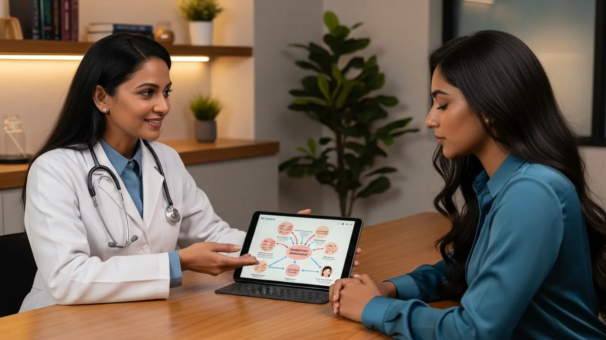 Doctor discussing hormonal acne: causes & treatment with a young woman