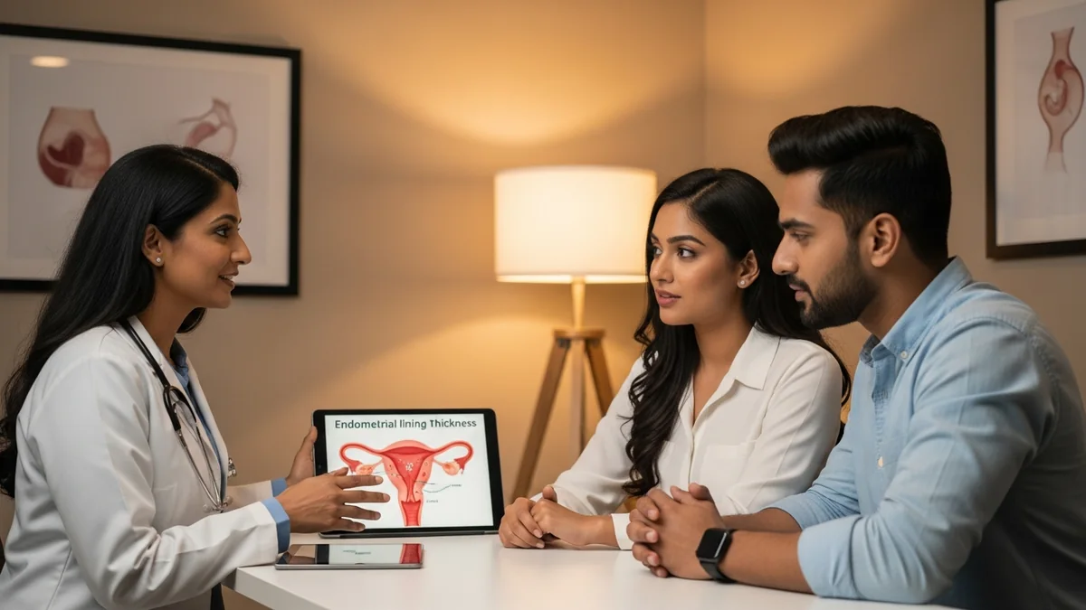 Couple consulting with a female fertility specialist about endometrial thickness for pregnancy
