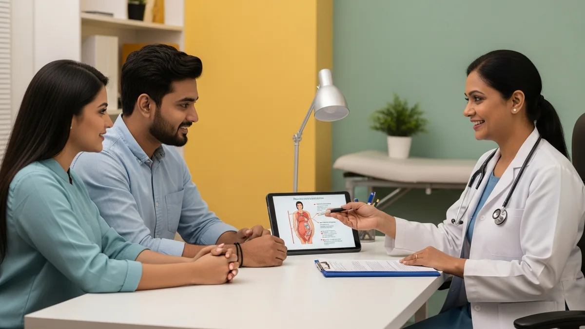 Couple consulting with a female fertility specialist about pregnancy test by hand pulse: does it work?
