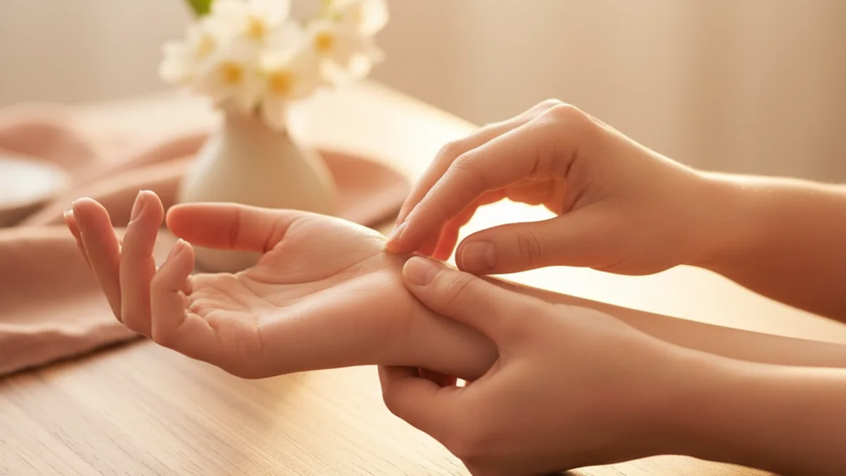 A woman's fingertips resting gently on the radial pulse of her opposite wrist — the traditional nadi pariksha self-check position discussed in this article.