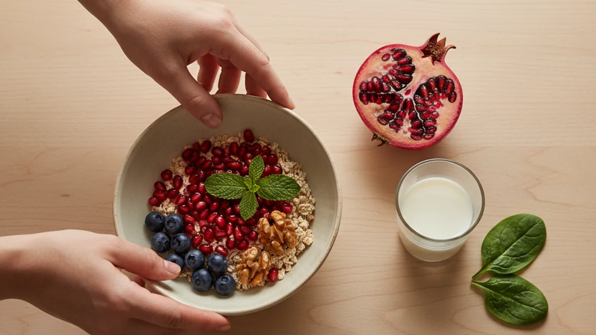 A top-down view of hands arranging an early pregnancy breakfast bowl with pomegranate seeds, walnuts, and blueberries — a simple nutrient-dense plate supporting implantation.