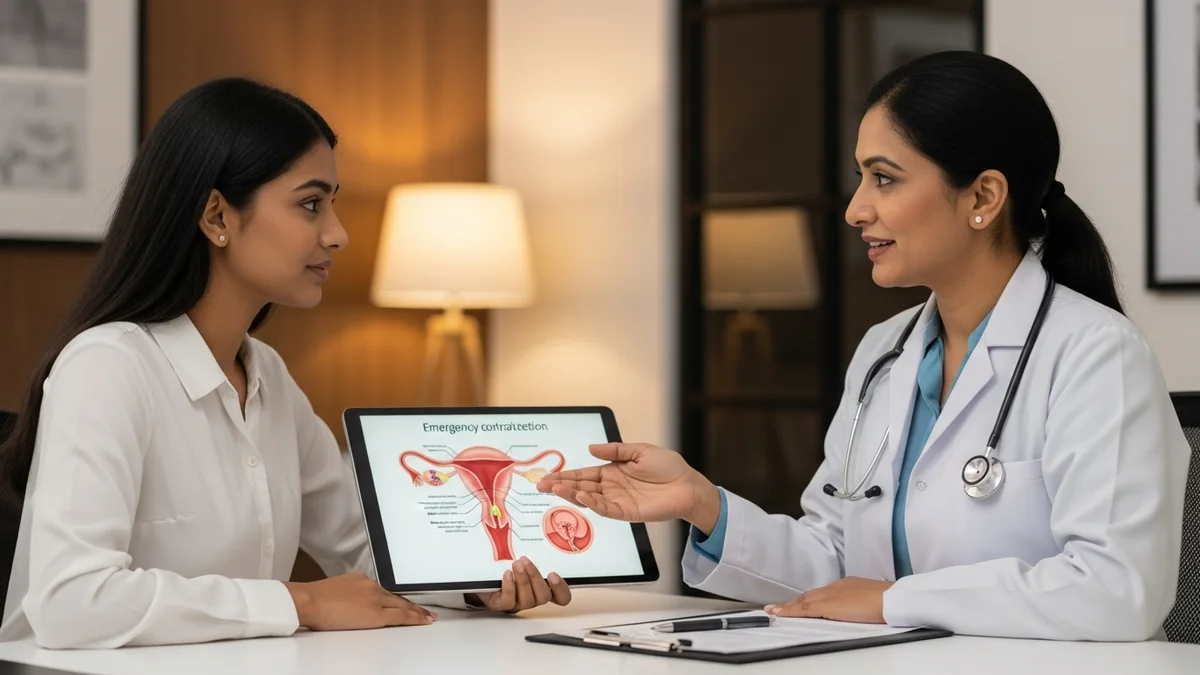Doctor discussing is unwanted 72 harmful for future pregnancy? with a young woman