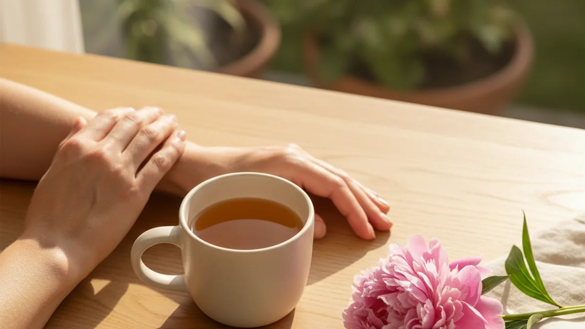 A woman's hand resting gently on a warm wooden table beside a plain ceramic mug of herbal tea, a small sprig of fresh sage leaves, and a single pink peony — a quiet moment of reassurance about future fertility.