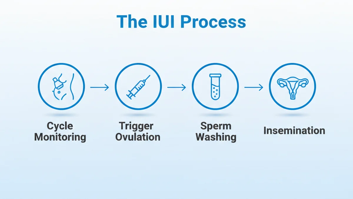 The four steps of the IUI process — cycle monitoring, trigger ovulation, sperm washing, and insemination