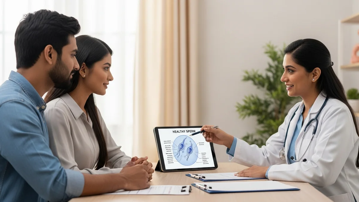 Couple consulting with a female fertility specialist about lifestyle factors affecting male fertility