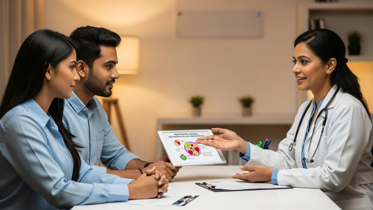 Couple consulting with a female fertility specialist about loose motion after embryo transfer