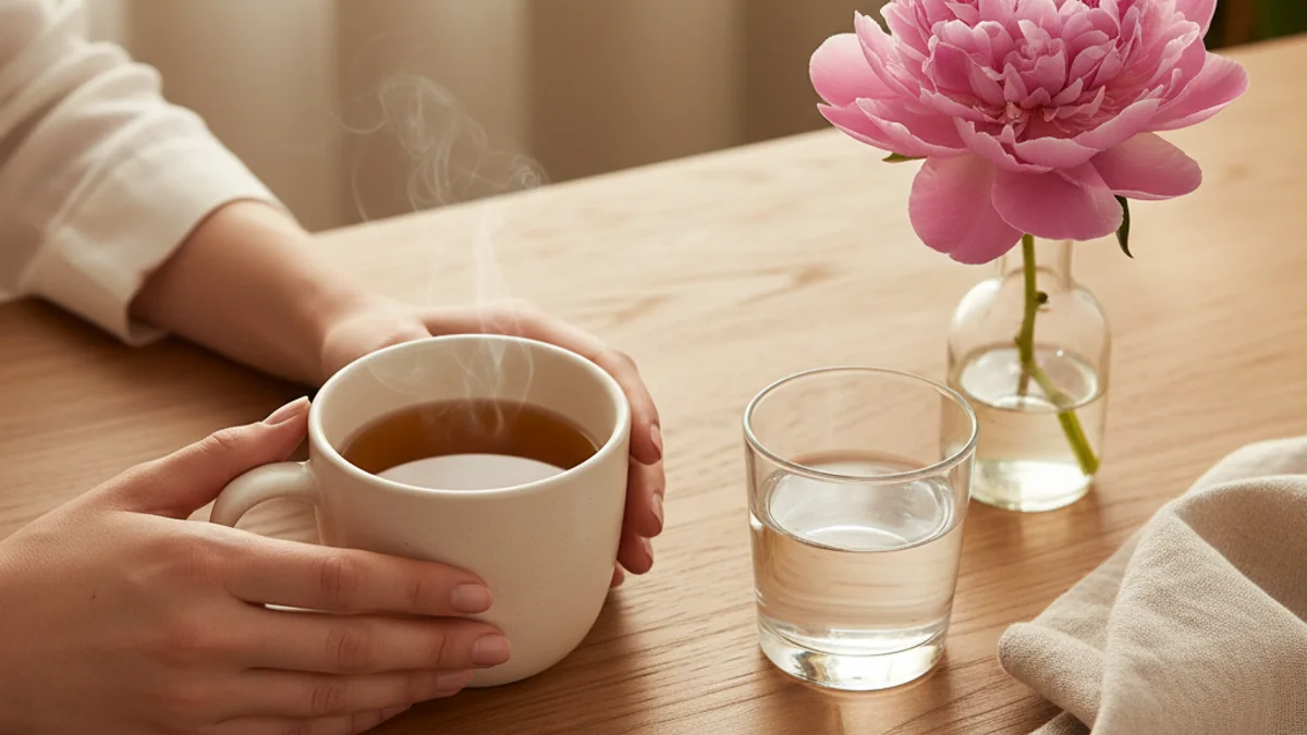 A woman's hand resting gently on a warm wooden table beside a plain unlabelled cream ceramic mug of warm herbal tea, a small clear glass of water, and a single fresh pink peony in a small vase — a calm editorial still life of reassurance during the two-week wait.