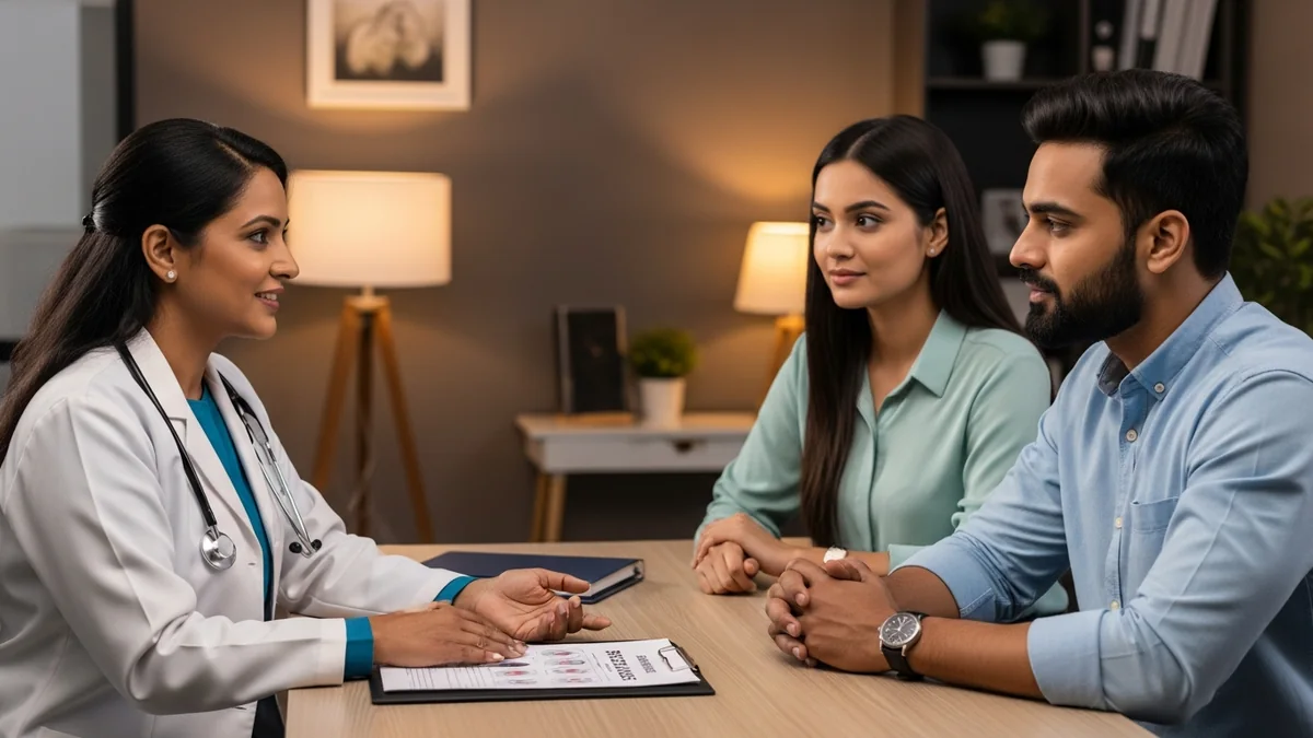 Couple consulting with a female fertility specialist about male fertility after 40