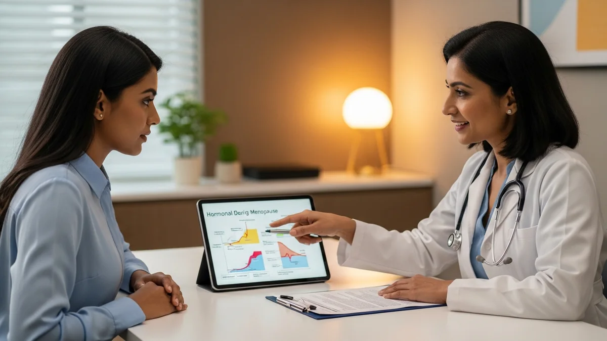 Doctor discussing menopause symptoms, treatment options with a young woman