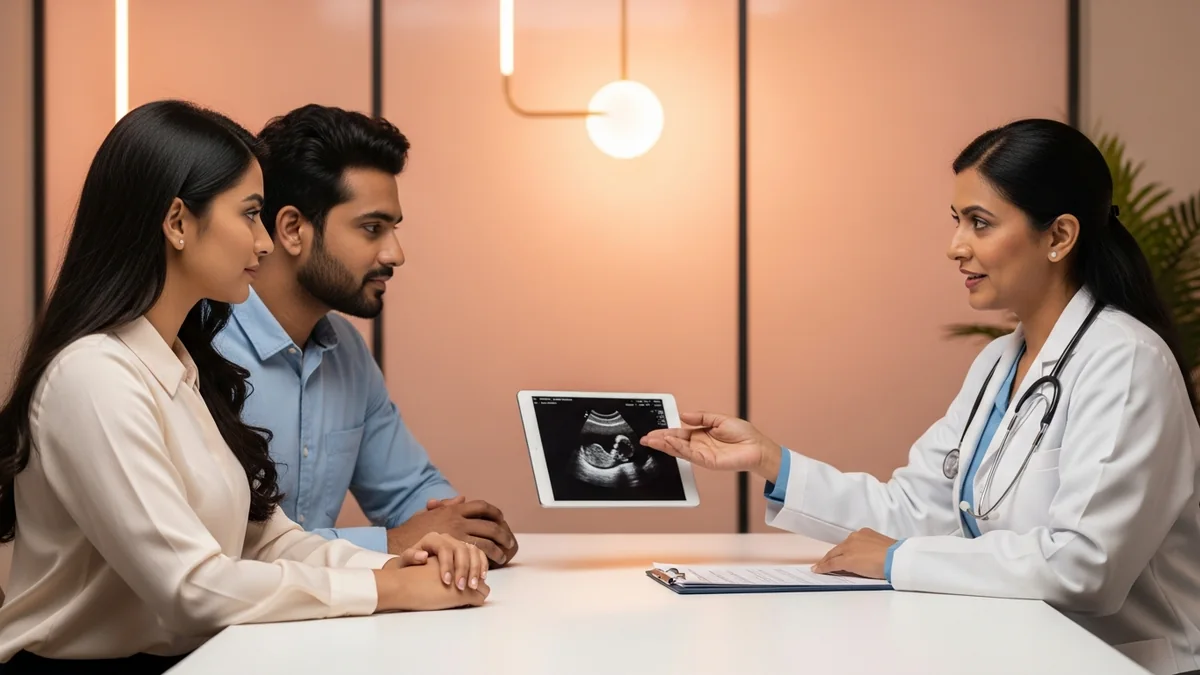 Couple consulting with a female fertility specialist about minimal free fluid in pod: good or bad?