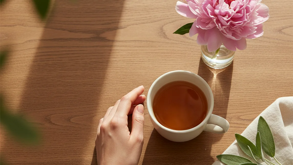 A woman's hand resting gently on a warm wooden table beside a plain unlabelled cream ceramic mug of warm herbal tea, a single fresh pink peony in a small vase, and a folded cream linen napkin — a calm editorial still life of reassurance about scan findings.