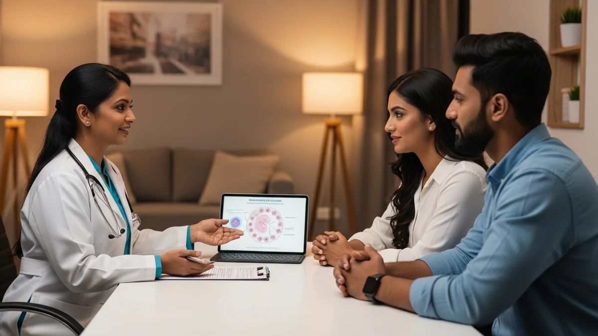 Couple consulting with a female fertility specialist about no period after egg retrieval: when to expect it