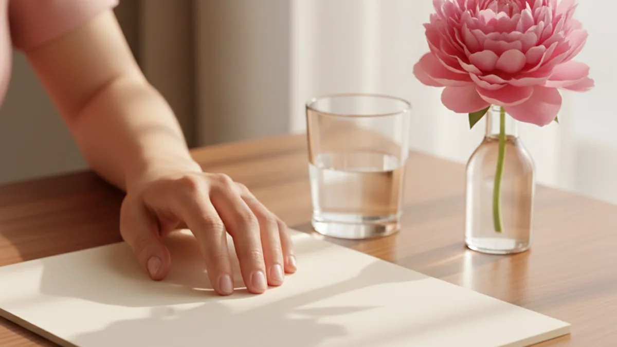 A woman's hand resting gently on a plain blank cream desk calendar page on a warm wooden table beside a small glass of water and a single pink peony in a vase — a quiet editorial moment of waiting for the body to reset after egg retrieval.