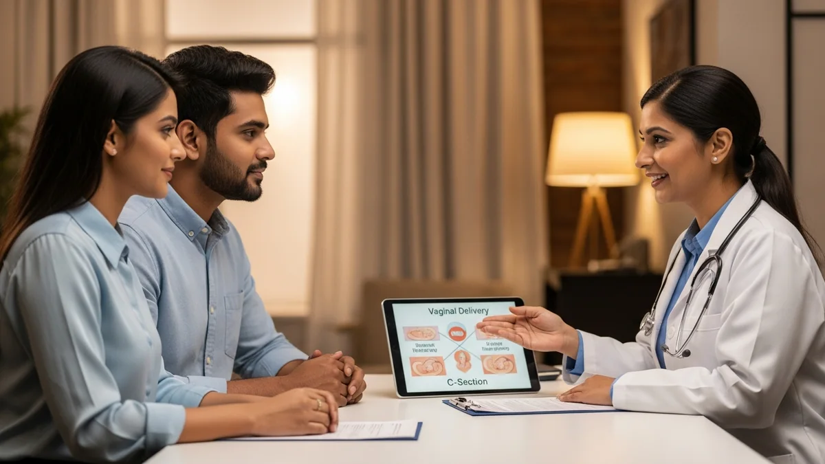 Couple consulting with a female fertility specialist about normal delivery vs c-section: what's best?