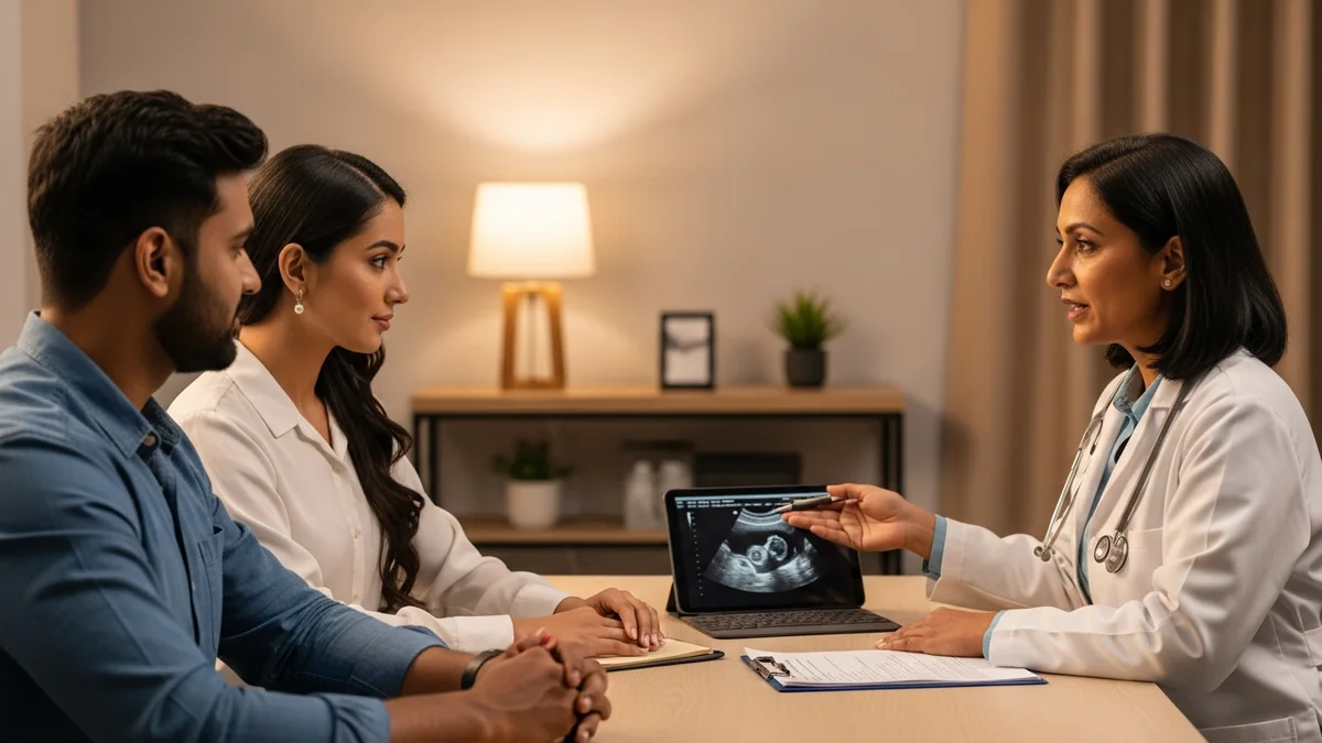 Couple consulting with a female fertility specialist about ovarian cysts & fertility