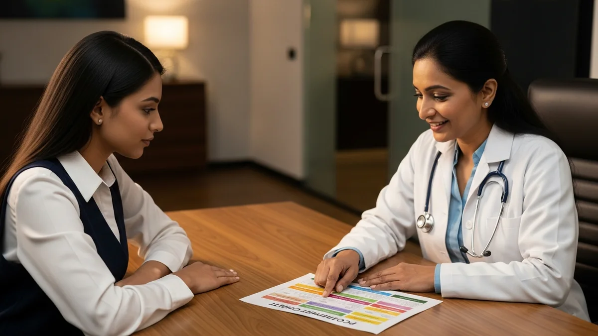 Doctor discussing pcod diet chart for weight loss — 7-day indian meal plan with a young woman