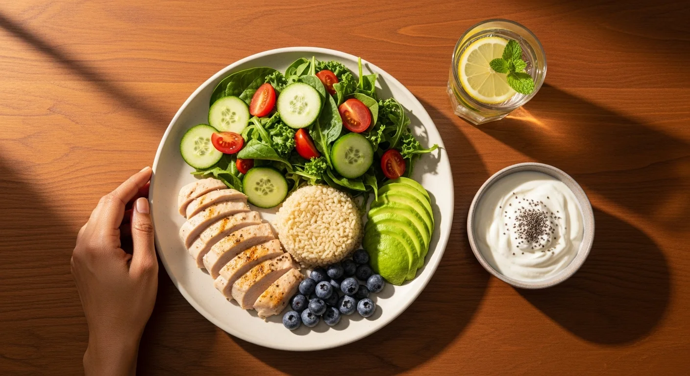 A top-down editorial food photograph related to: pcod diet chart for weight loss — 7-day indian meal plan