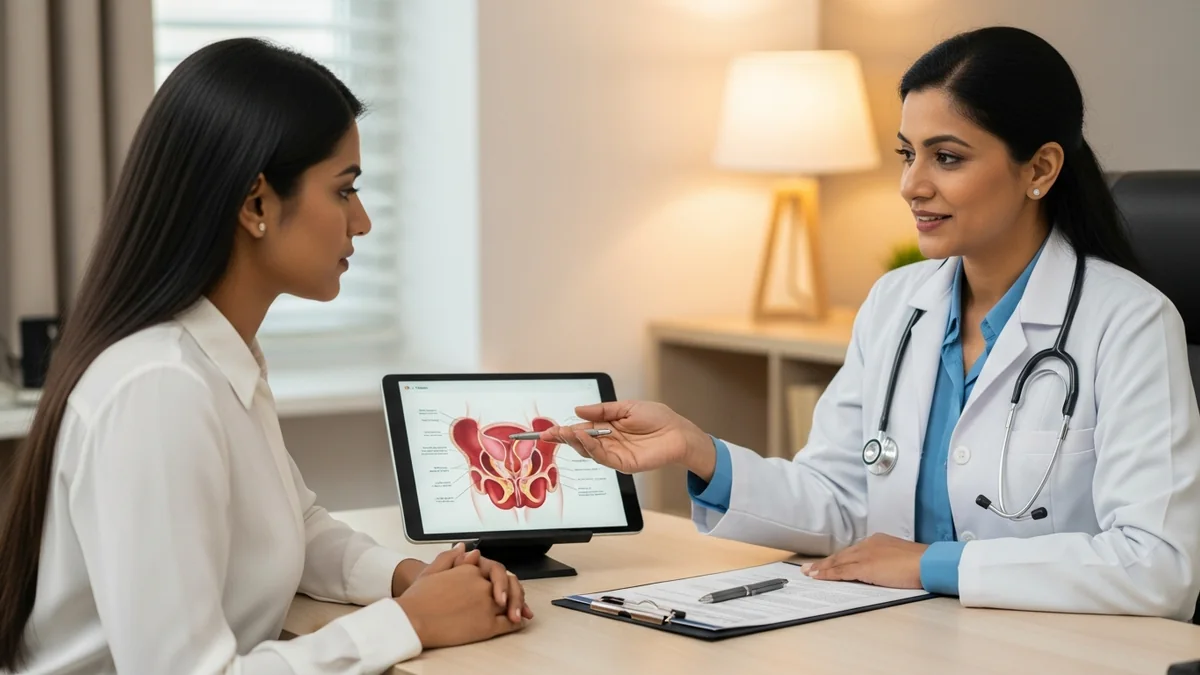 Doctor discussing pelvic pain in women: causes & relief with a young woman