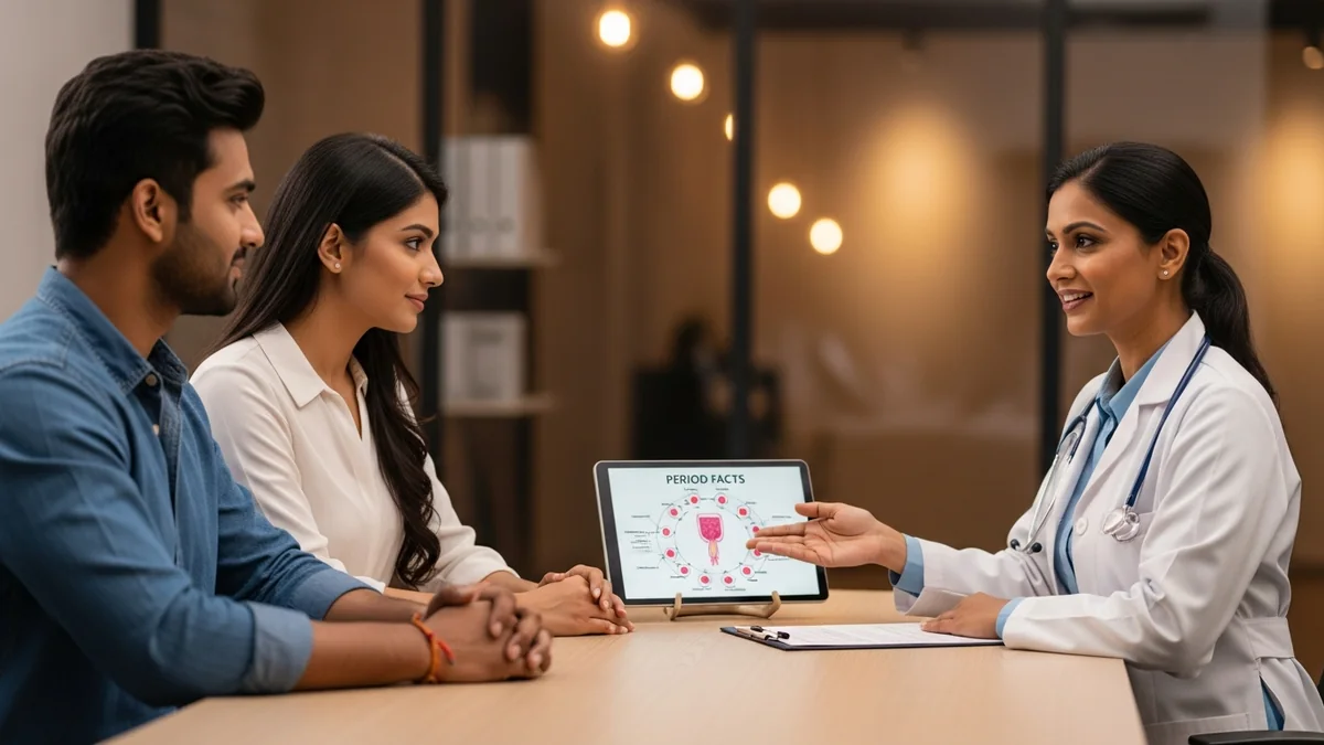 Couple consulting with a female fertility specialist about period myths debunked: facts vs fiction