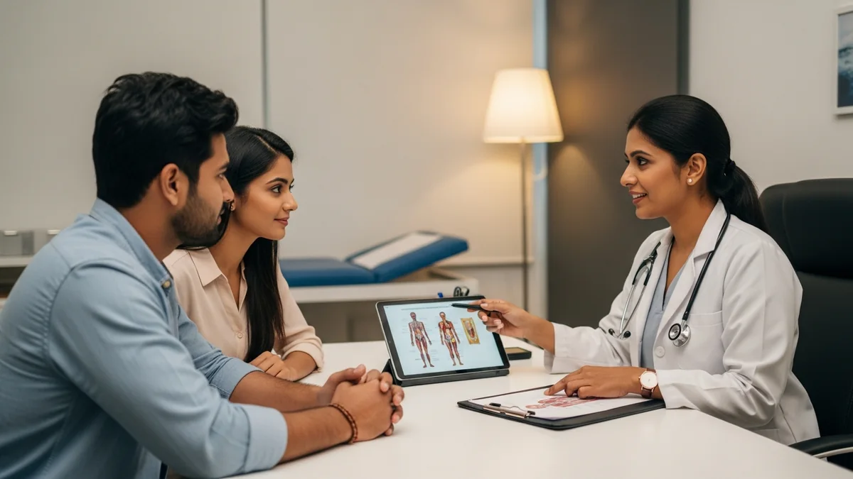 Couple consulting with a female fertility specialist about pv exam during pregnancy