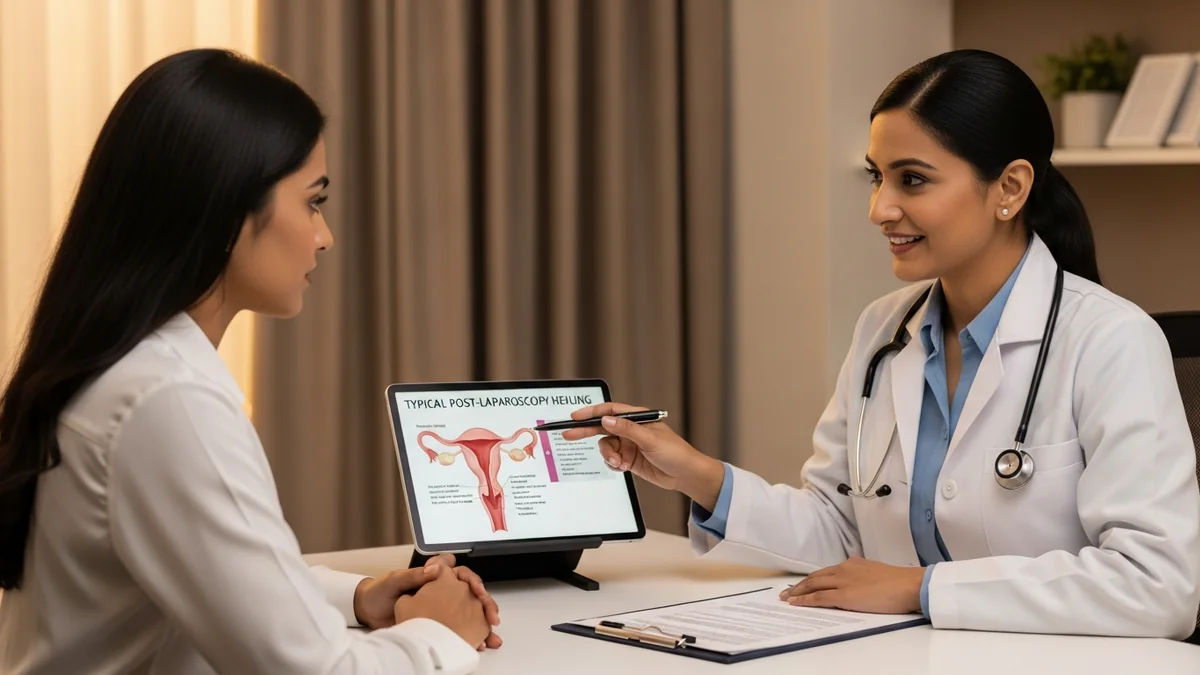 Doctor discussing second period after laparoscopy: why it's late with a young woman