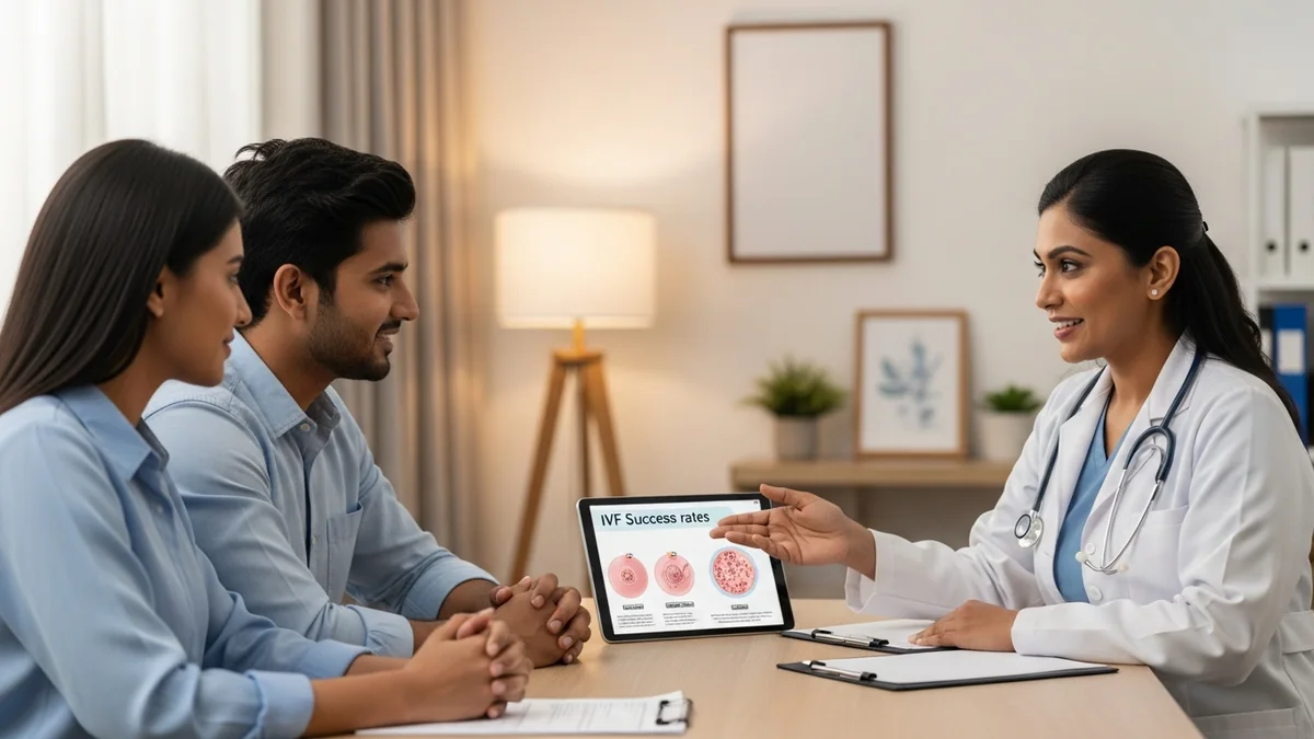 Couple consulting with a female fertility specialist about test tube baby success rate