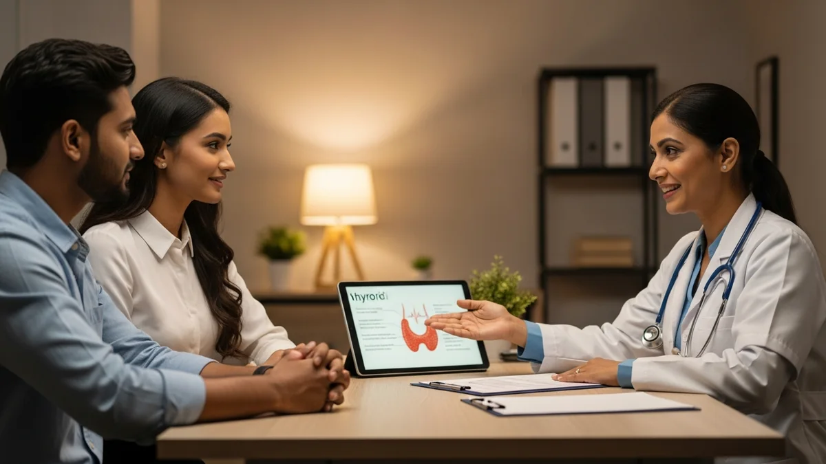Couple consulting with a female fertility specialist about thyroid & infertility: what's the link?