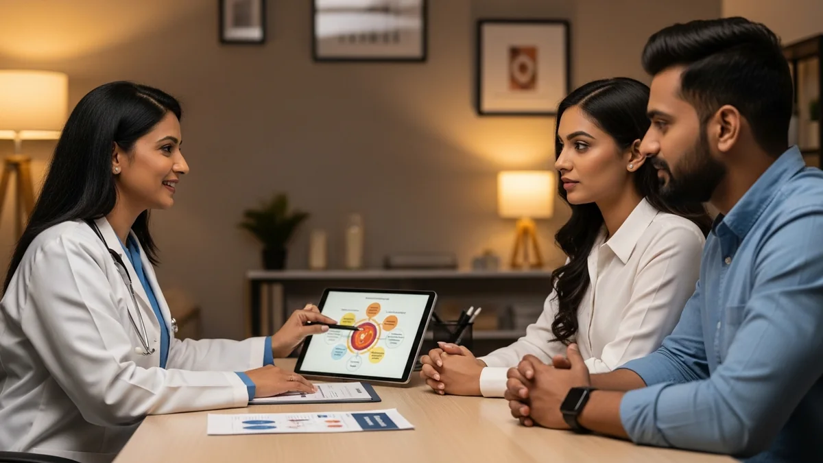Couple consulting with a female fertility specialist about understanding unexplained infertility