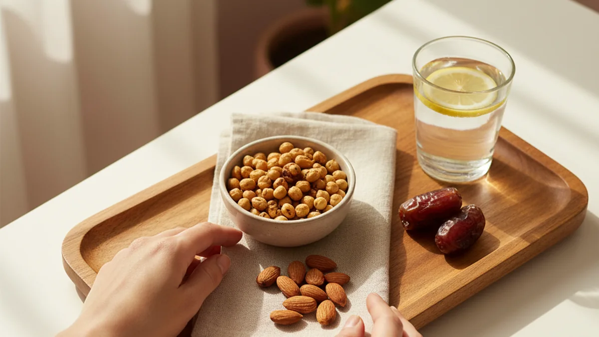A woman's hands resting gently on a warm ceramic plate of roasted chana and dates on a linen tablecloth — a calm, nourishing substitute for non-food cravings in pregnancy.