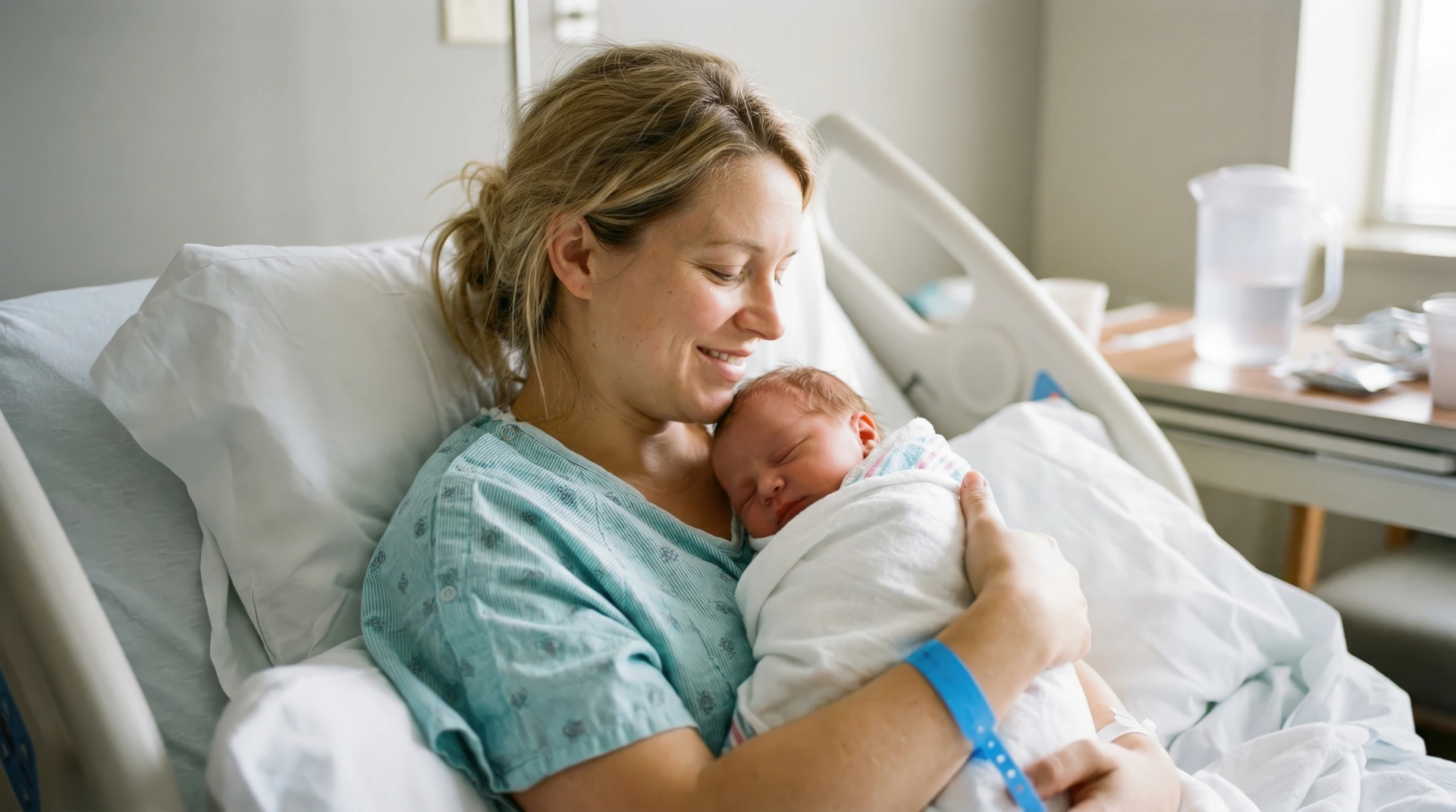 Mother and newborn in a hospital setting after birth—recovery and bonding differ after vaginal delivery versus caesarean section.