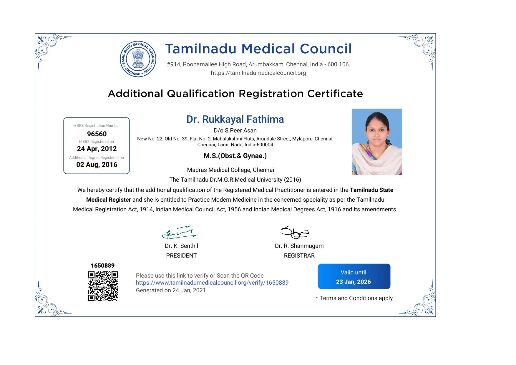 MS OBG Registration Certificate - Tamil Nadu Medical Council