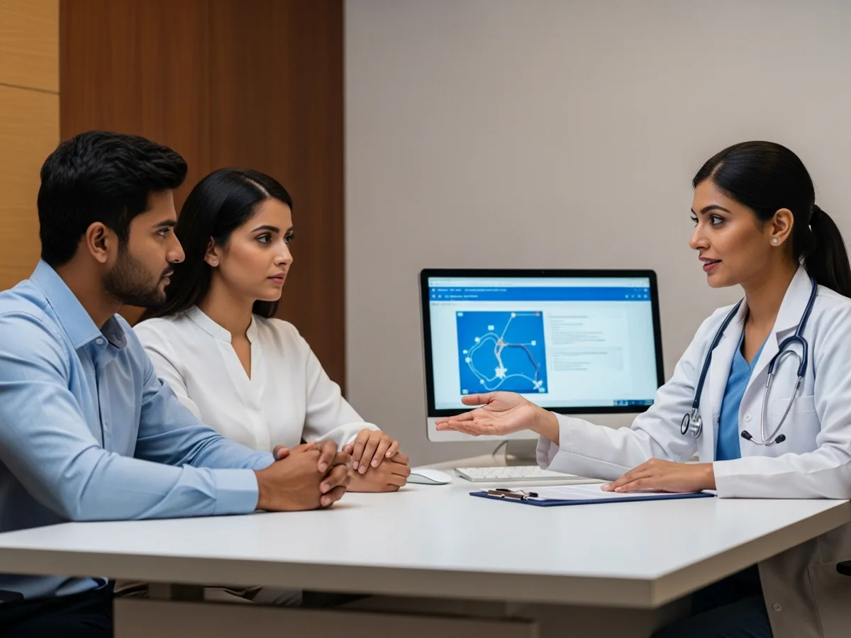 Female doctor explaining laparoscopy equipment to woman patient in Chennai clinic