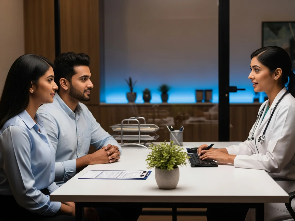 Couple consulting fertility specialist about frozen embryo transfer in Chennai