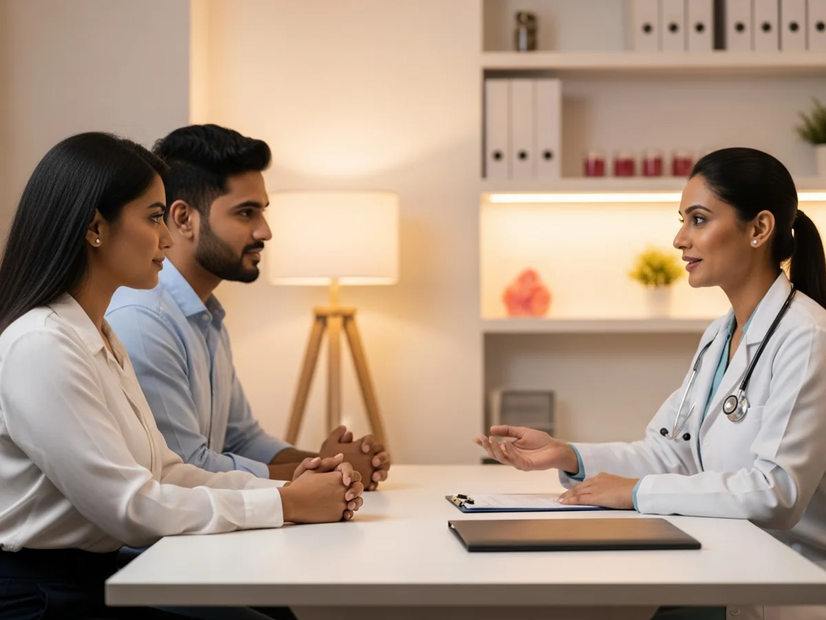 Female fertility doctor explaining HSG report to woman patient in Chennai clinic