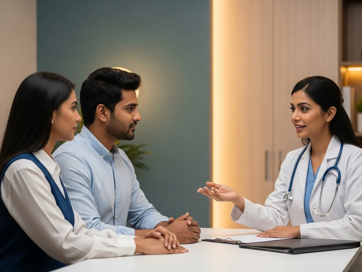 Female fertility surgeon discussing laparoscopy plan with woman patient in Chennai clinic