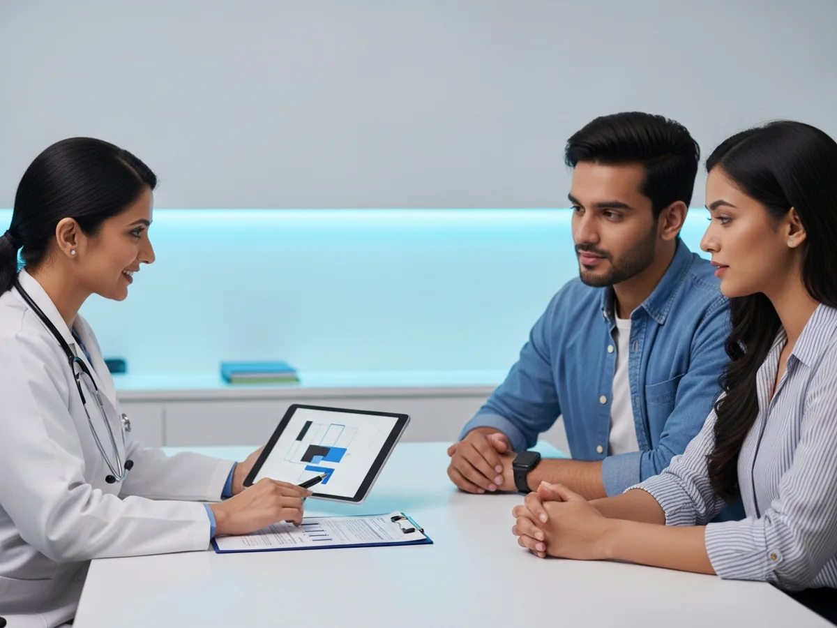 Couple consulting doctor about male fertility evaluation and treatment in Chennai